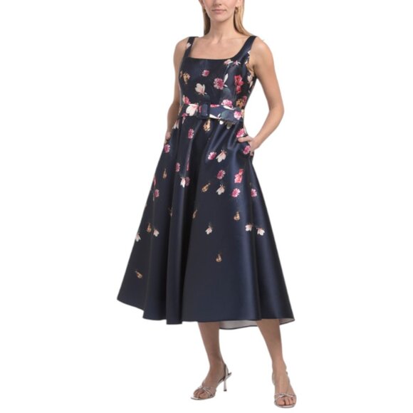 sachin and babi light blue dress RENE BY RENE RUIZ Sleeveless Floral Mikado Tea Length Dress With Belt